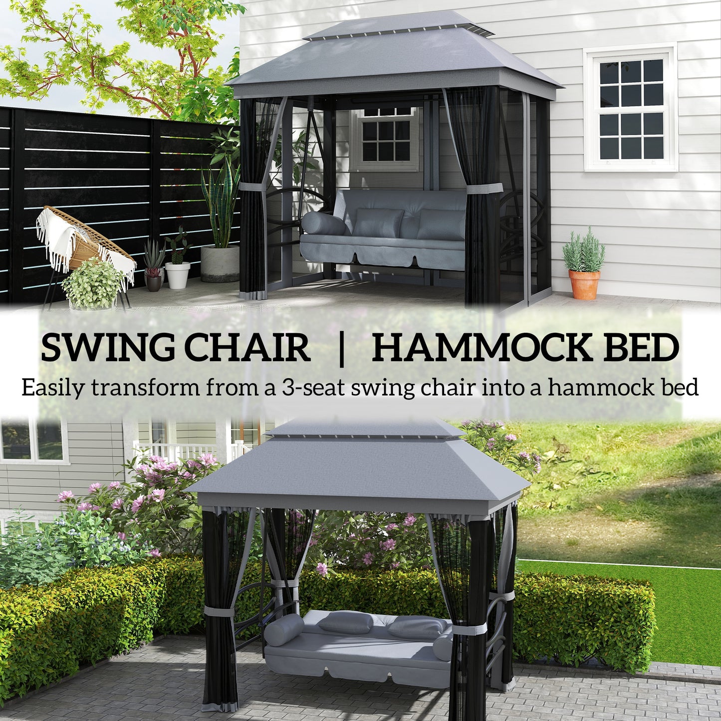 3 Seater Swing Chair Hammock Gazebo Lounger Cushioned Seat Waterproof Grey