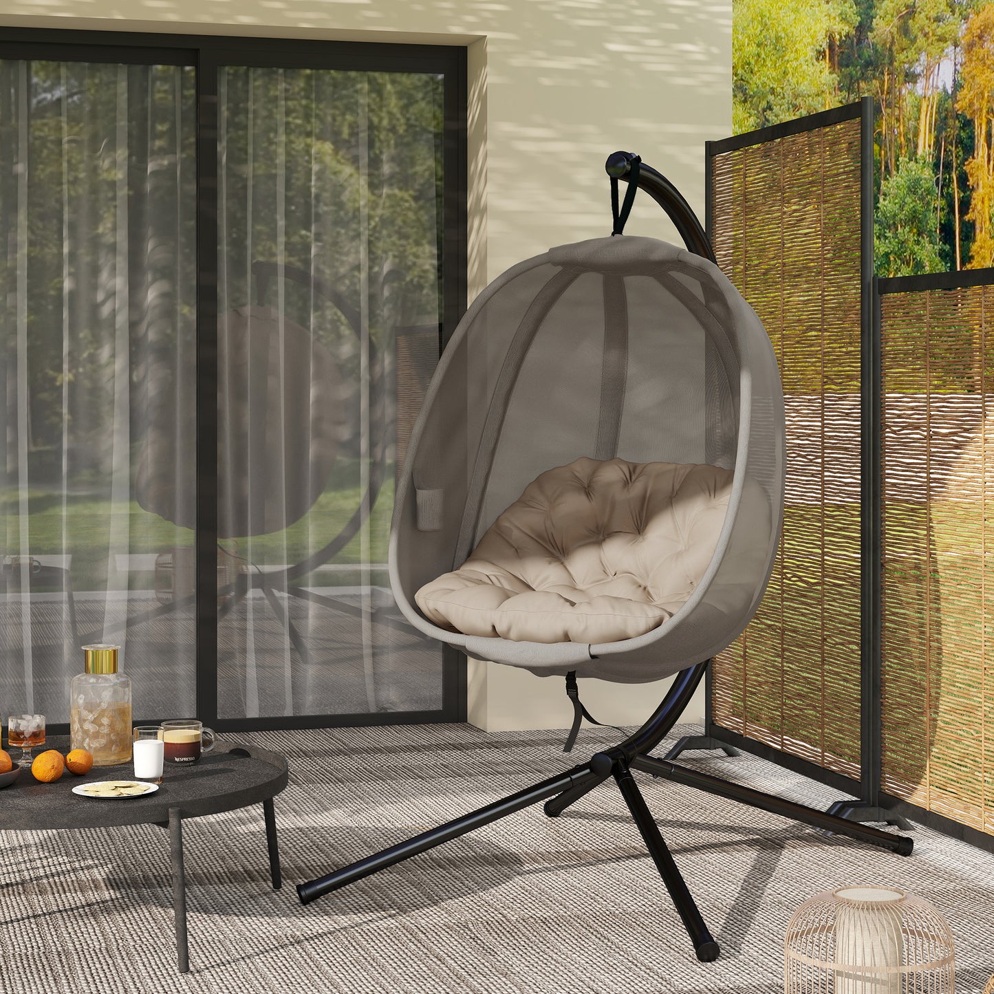 Hanging Egg Chair, Folding Texteline Swing Hammock with Side Pocket, Cushion and Stand for Indoor Outdoor