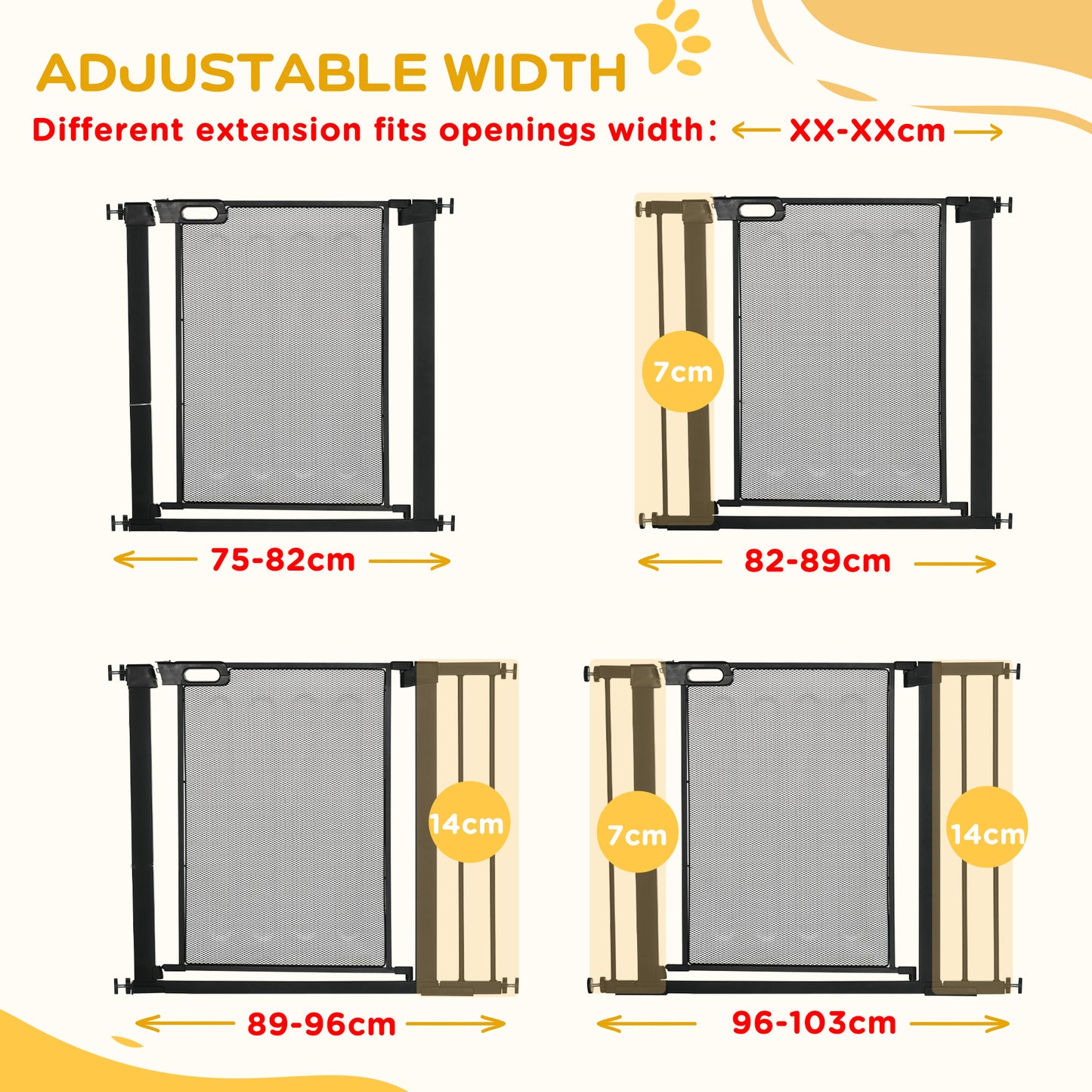 Pressure Fit Safety Gate, for Staircases, Hallways, Doorways w/ Extensions Kit, 75-103CM Adjustable Width - Black