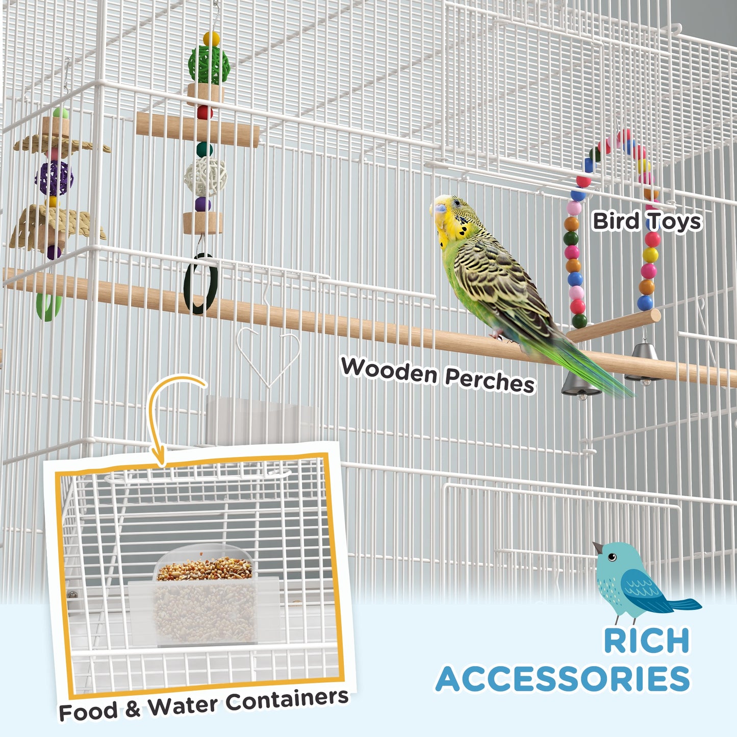 Bird Cage w/ Stand, Toys, Accessories, for Canaries, Finches, White