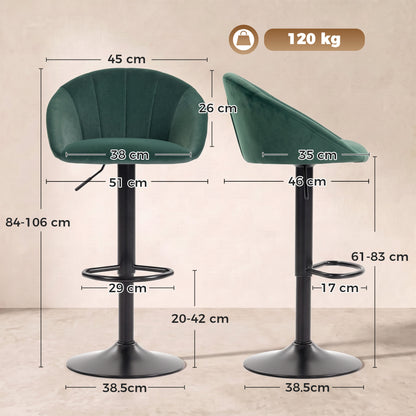 Bar Stools Set of 2 Adjustable Swivel Velvet Breakfast Bar Stools with Backrest, Dark Green
