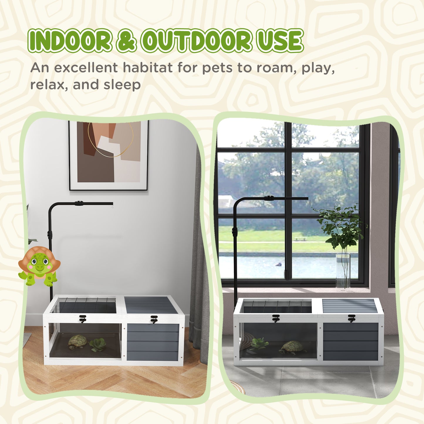 Tortoise Table with Adjustable Lamp Holder, Wooden Tortoise House w/ Openable Lids, Pull-Out Trays - Grey