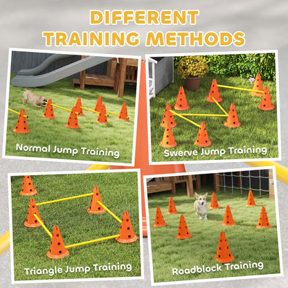 Dog Agility Equipment Set of Eight Cones, Eight Poles w/ Carry Bag, Four-Piece Adjustable Height Jumping Obstacles