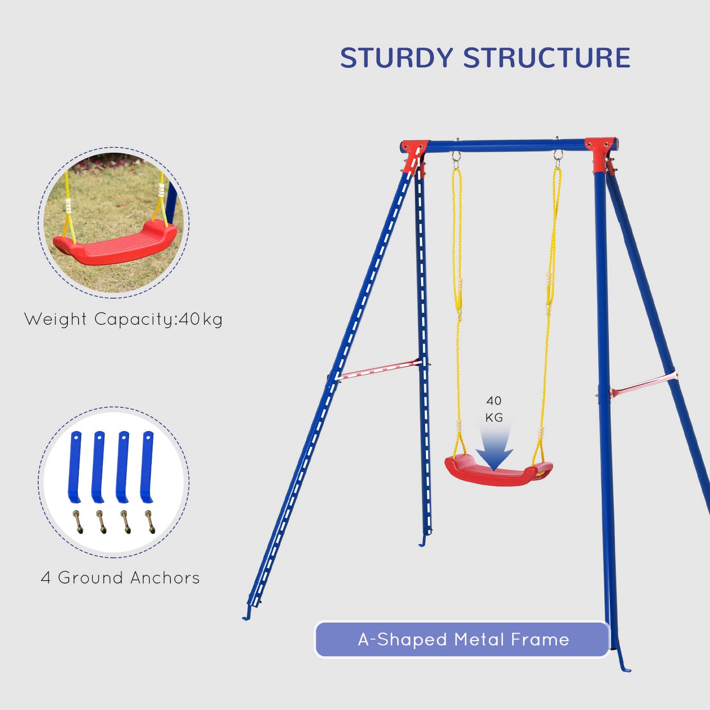 Kids Swing Set Toddler Swing Adjustable Rope Heavy Duty A-Frame Stand Outdoor Playset for 3-8 Years Old Blue