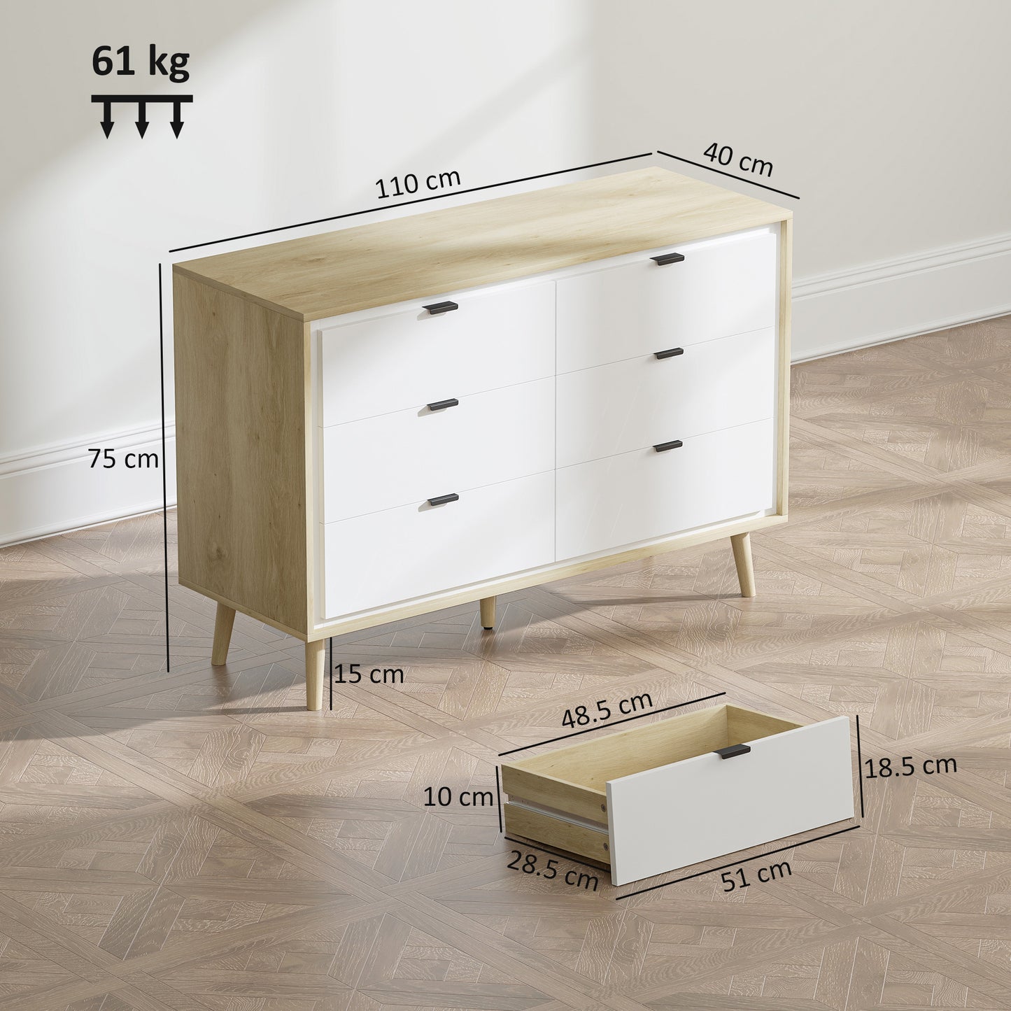 Storage Cabinet, Chest of Drawers with 6 Drawers and 5 Legs for Bedroom, High Gloss White