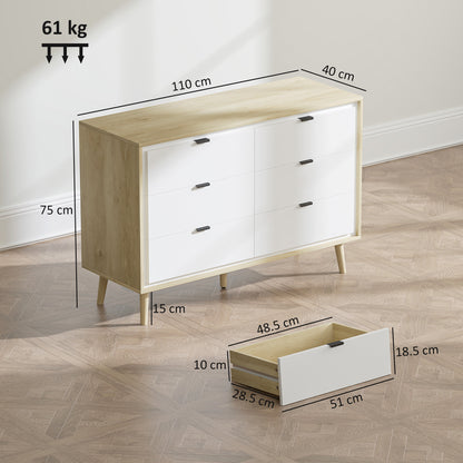 Storage Cabinet, Chest of Drawers with 6 Drawers and 5 Legs for Bedroom, High Gloss White