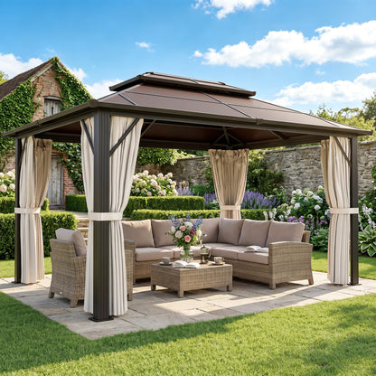 3 x 4m Hardtop Gazebo Canopy with UPF30+ Double Polycarbonate Roof, Aluminium Frame Garden Gazebo Permanent Pavilion