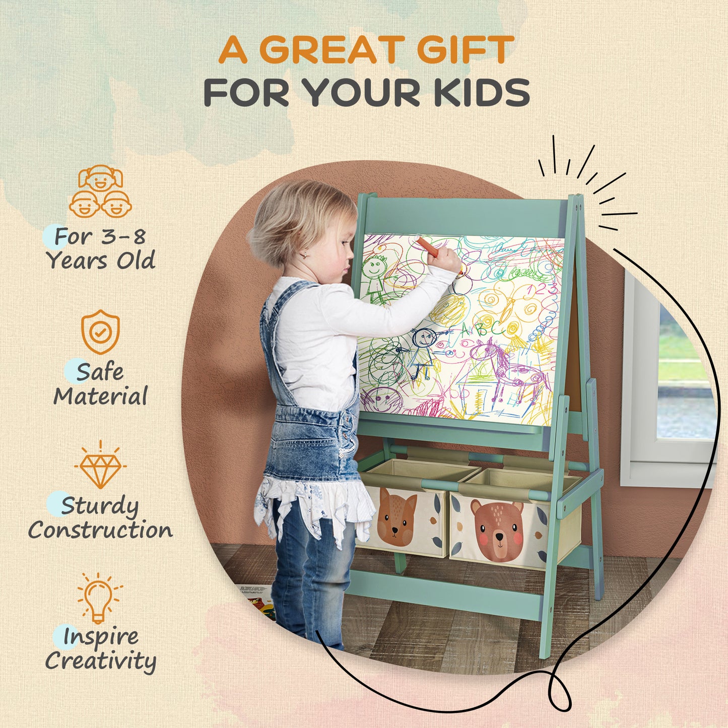 Three-In-One Kids Easel with Paper Roll, Art Easel, with Storage - Green