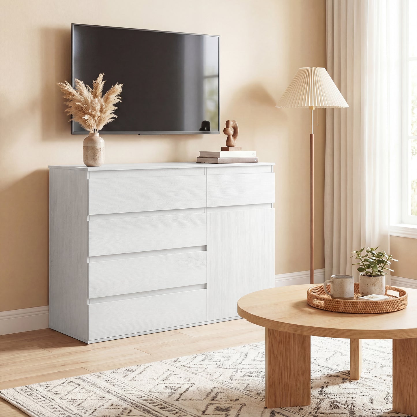 Modern Chest Of Drawers, 5 Drawer Dresser with Adjustable Shelf, Soft-Close Door, White