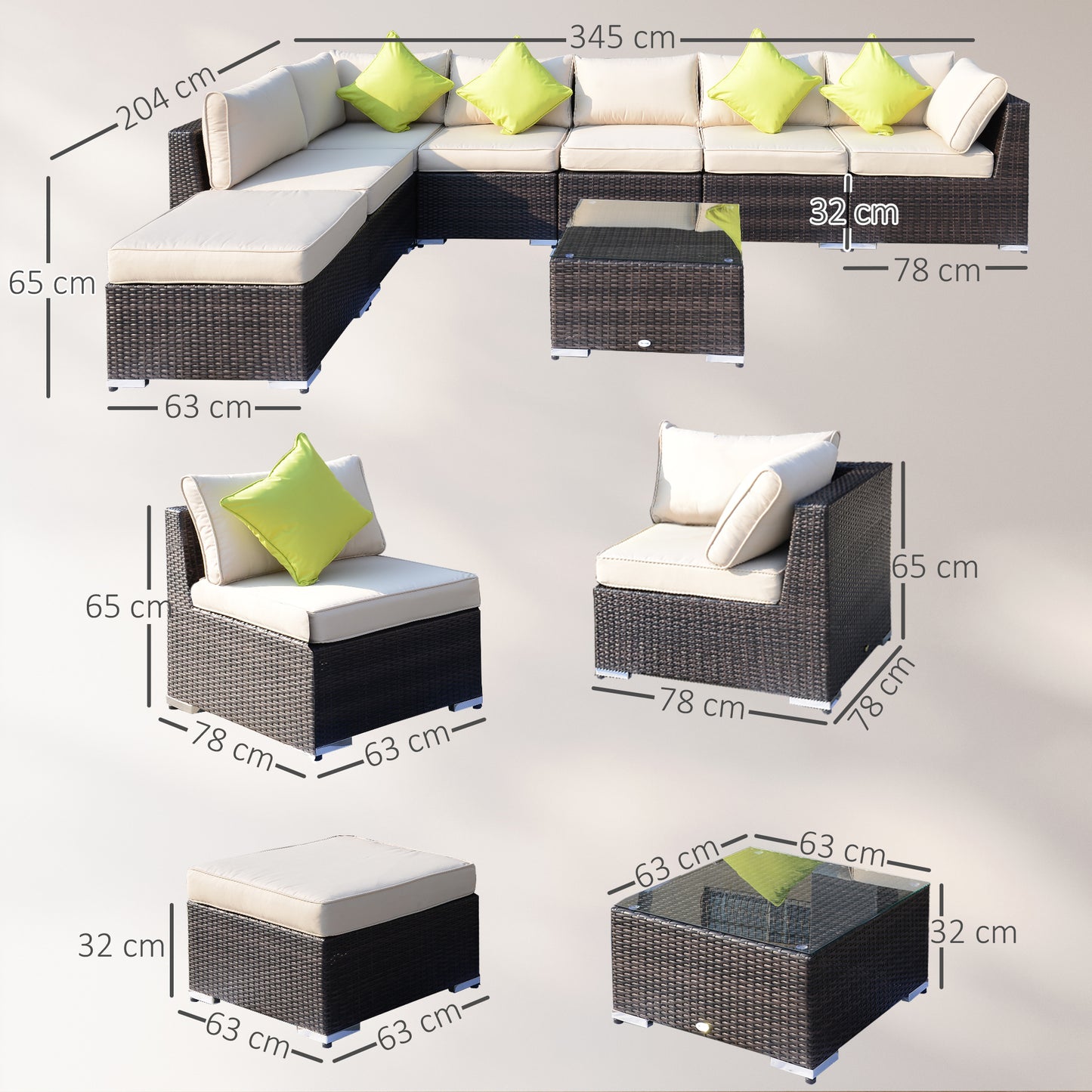 8 Piece Rattan Corner Sofa Set with Wide & Deep Seat, Assembled Aluminium PE Rattan Garden Furniture Set with Thick Cushions
