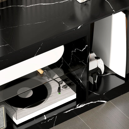 TV Stand Cabinet, Marble Effect TV Unit for up to 55" TVs with Glass Shelf and Storage Cabinet
