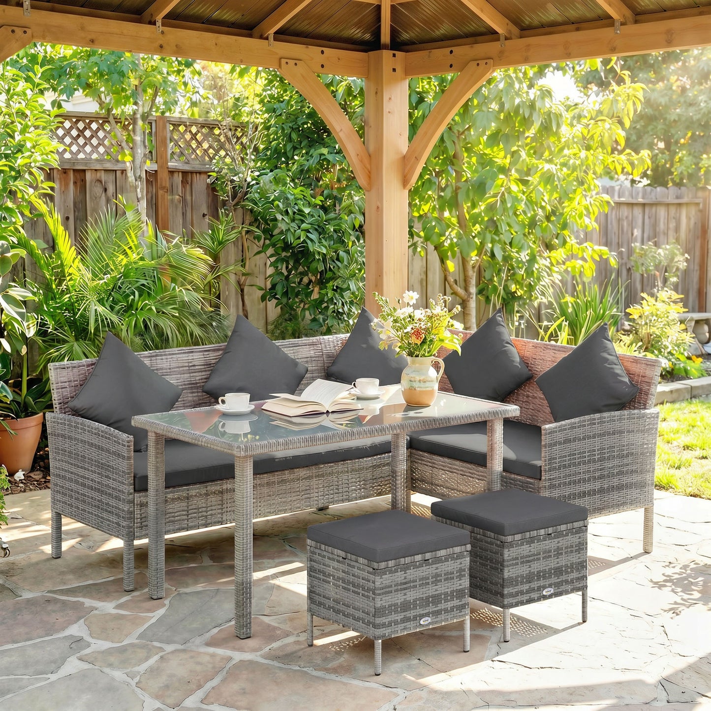 tsunny 6-Seater Rattan Dining Set Sofa Table Footstool Outdoor w/ Cushion Garden Furniture, Dark Grey