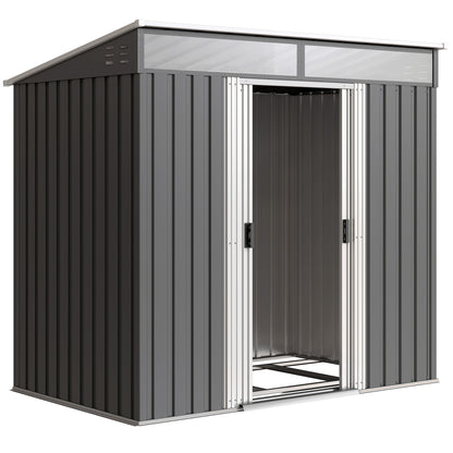 6.5 x 4FT Galvanised Metal Shed with Foundation Kit, Lockable Tool Garden Shed with Double Sliding Doors, Vents, Grey
