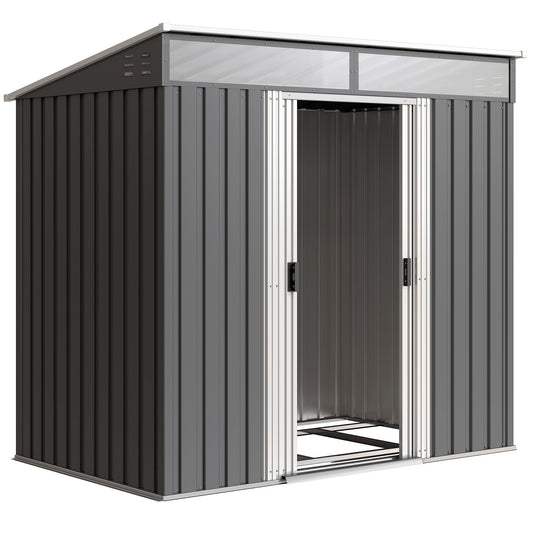 6.5 x 4FT Galvanised Metal Shed with Foundation Kit, Lockable Tool Garden Shed with Double Sliding Doors, Vents, Grey