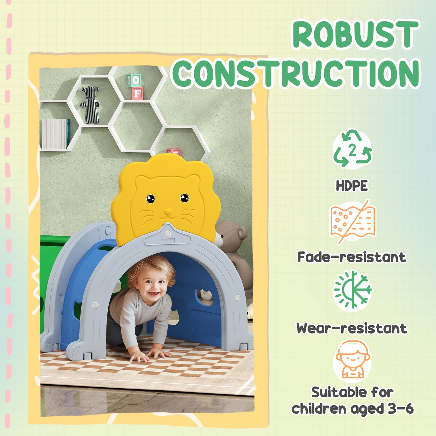 Kids Play Tunnel with Lion Design for 3-6 Years, Crawling, Climbing, Indoors & Outdoors