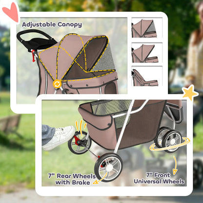 Dog Stroller, 3 Wheels Foldable Pet Stroller with Adjustable Canopy, Storage Basket for Small Mini Breeds, Coffee