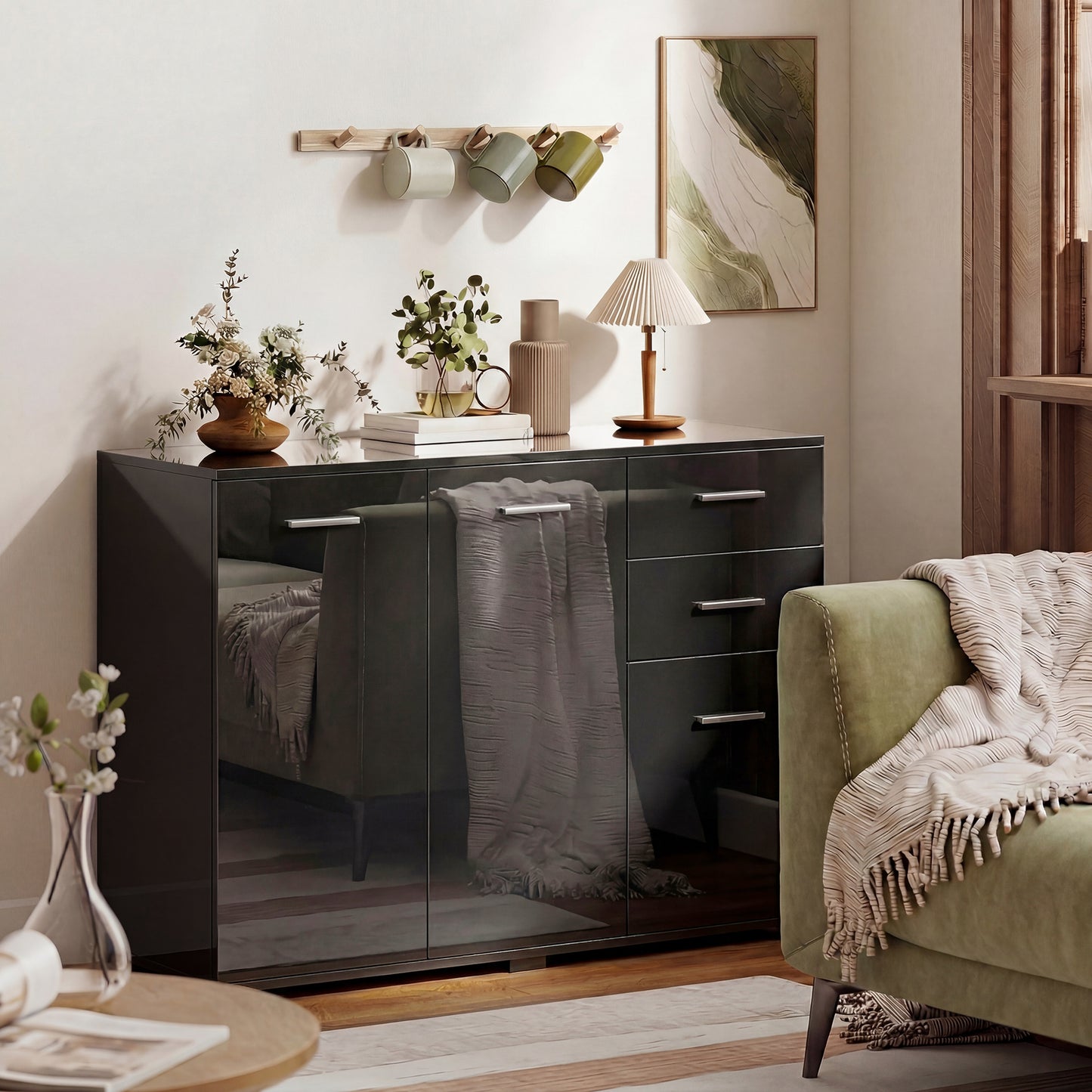 Sideboard, Modern Storage Cabinet with 2 Drawers, 3 Doors and Adjustable Shelves, High Gloss Black