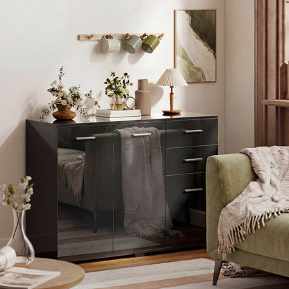 Sideboard, Modern Storage Cabinet with 2 Drawers, 3 Doors and Adjustable Shelves, High Gloss Black