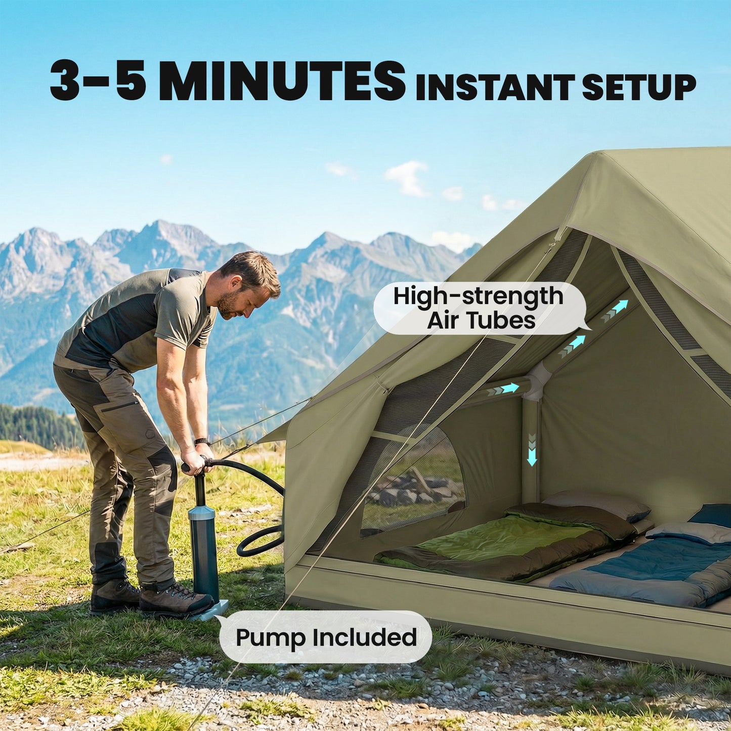 Inflatable Tent Waterproof for Camping Blow Up Tent with Pump Carry Bag for 2-4 Person