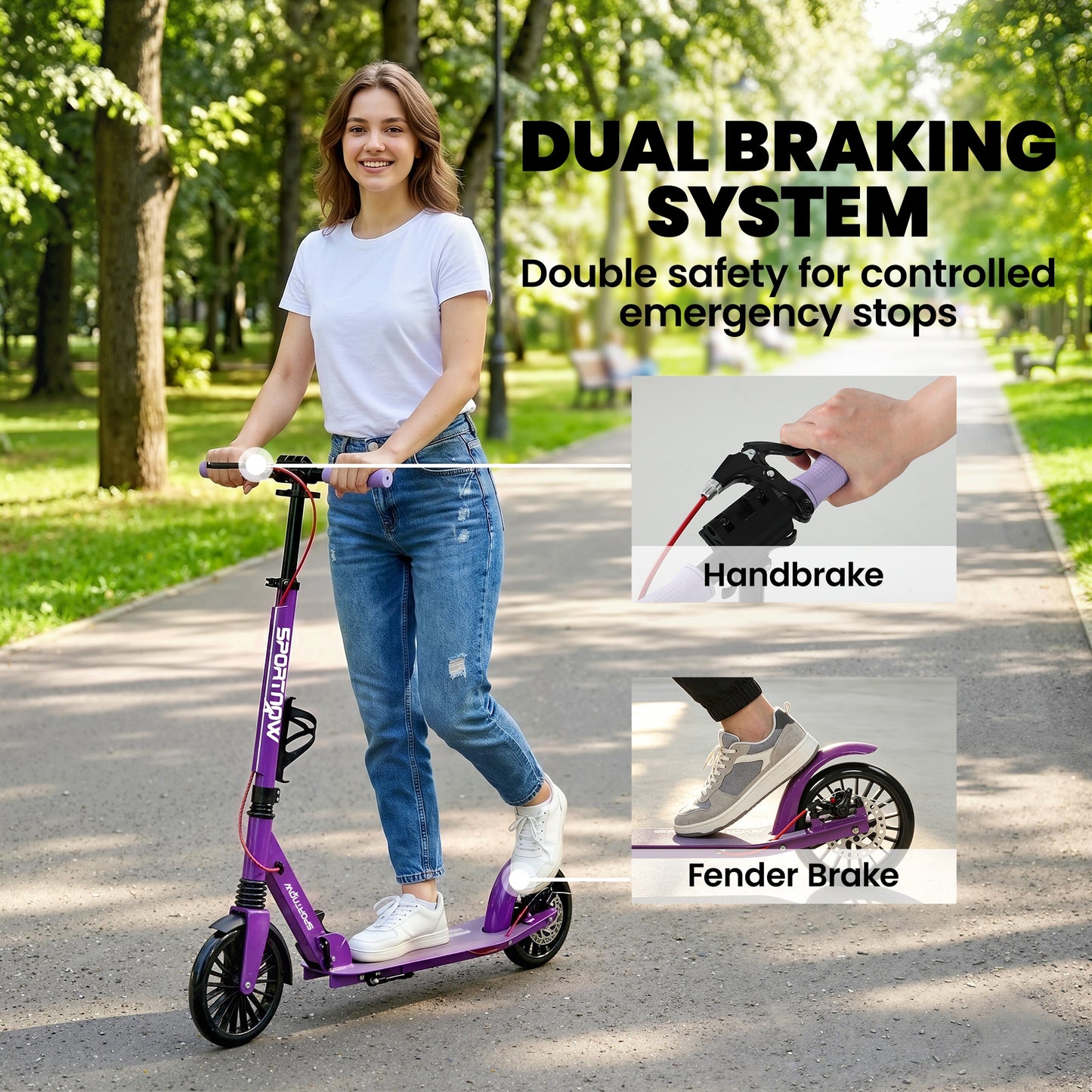 Foldable Kick Scooter with Height Adjustable Handlebar, One-click Folding Adult Scooters with 200 mm Big Wheels, Purple