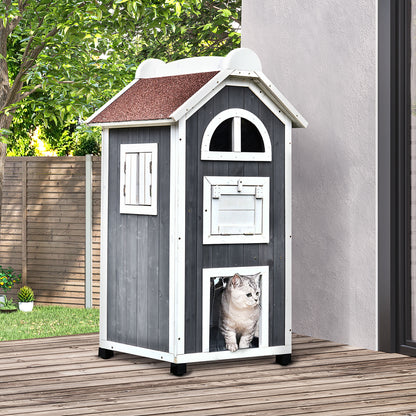 Wooden Cat House, Weatherproof Pet Shelter, Outdoor Cat Condos Cave, 2 Floor Furniture, Grey and White