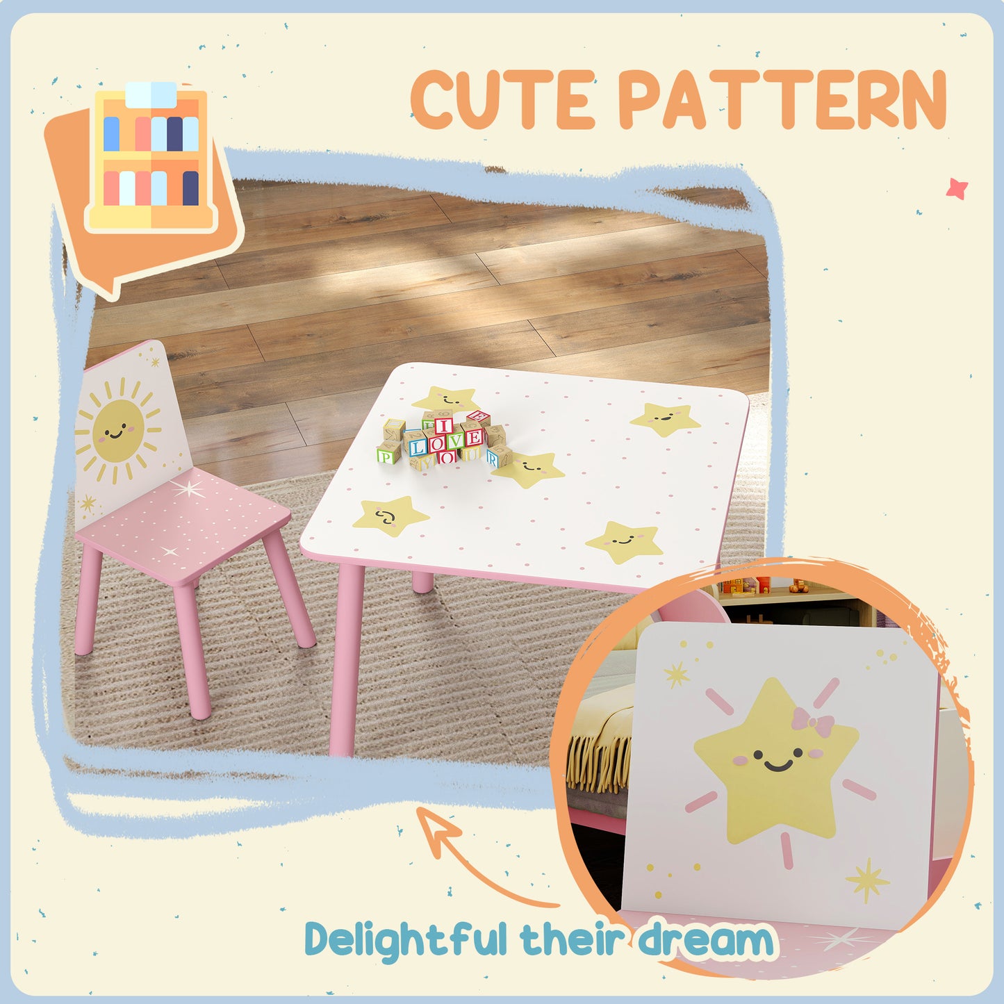 3-Piece Toddler Table and Chair Set, Kids Table with 2 Chairs Set for Bedroom, Nursery, Playroom, Pink