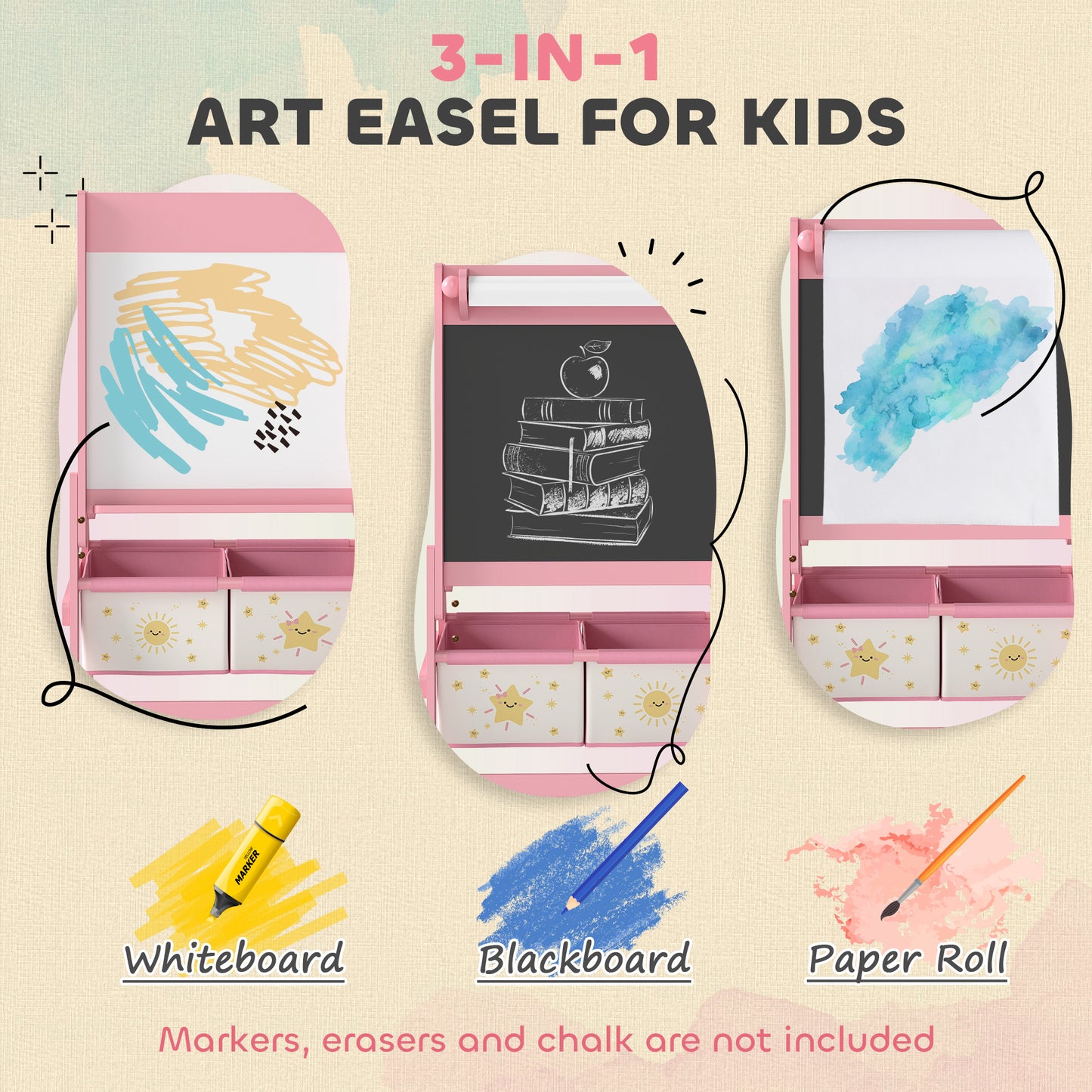 Art Easel for Kids, Double-Sided Whiteboard/Blackboard with Paper Roll, Two Storage Boxes, for Ages 3-8 Years, Pink