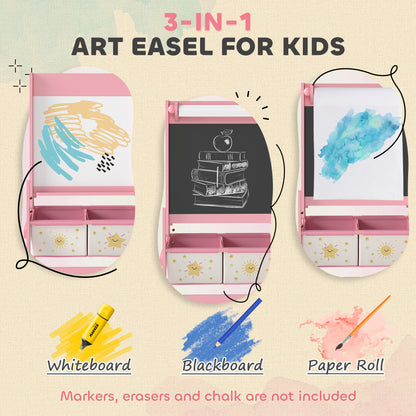 Art Easel for Kids, Double-Sided Whiteboard/Blackboard with Paper Roll, Two Storage Boxes, for Ages 3-8 Years, Pink