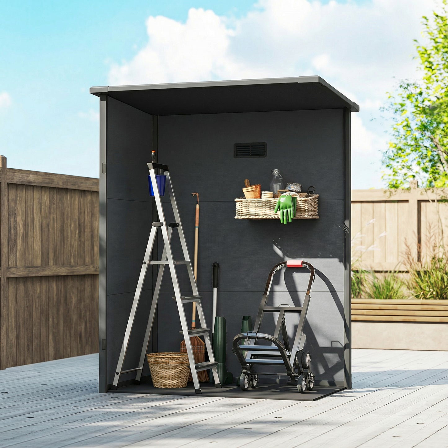 5' x 3' Garden Shed with Floor, Outdoor Storage Shed with Lockable Door, Window and Vent, Dark Grey