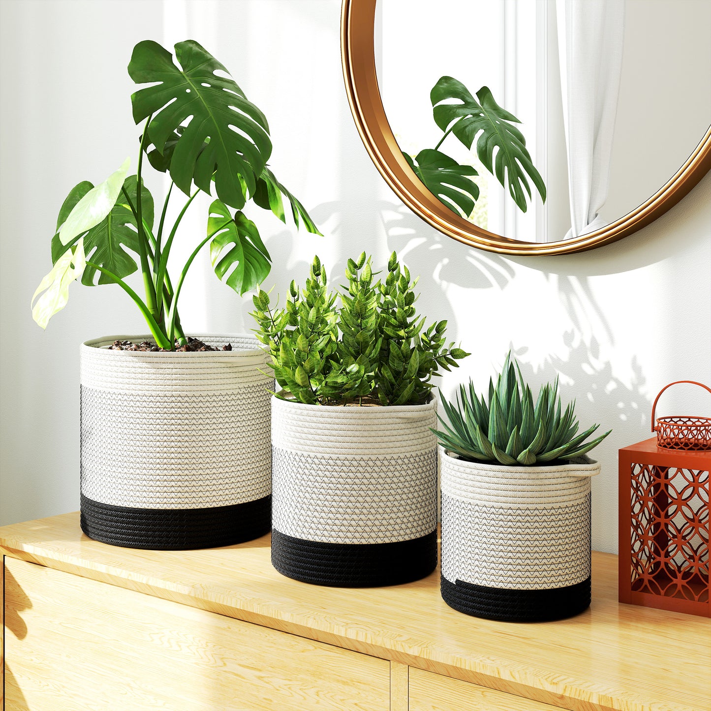 Plant Pots Handwoven Cotton Indoor Planters with Waterproof Liner Set of 3 White
