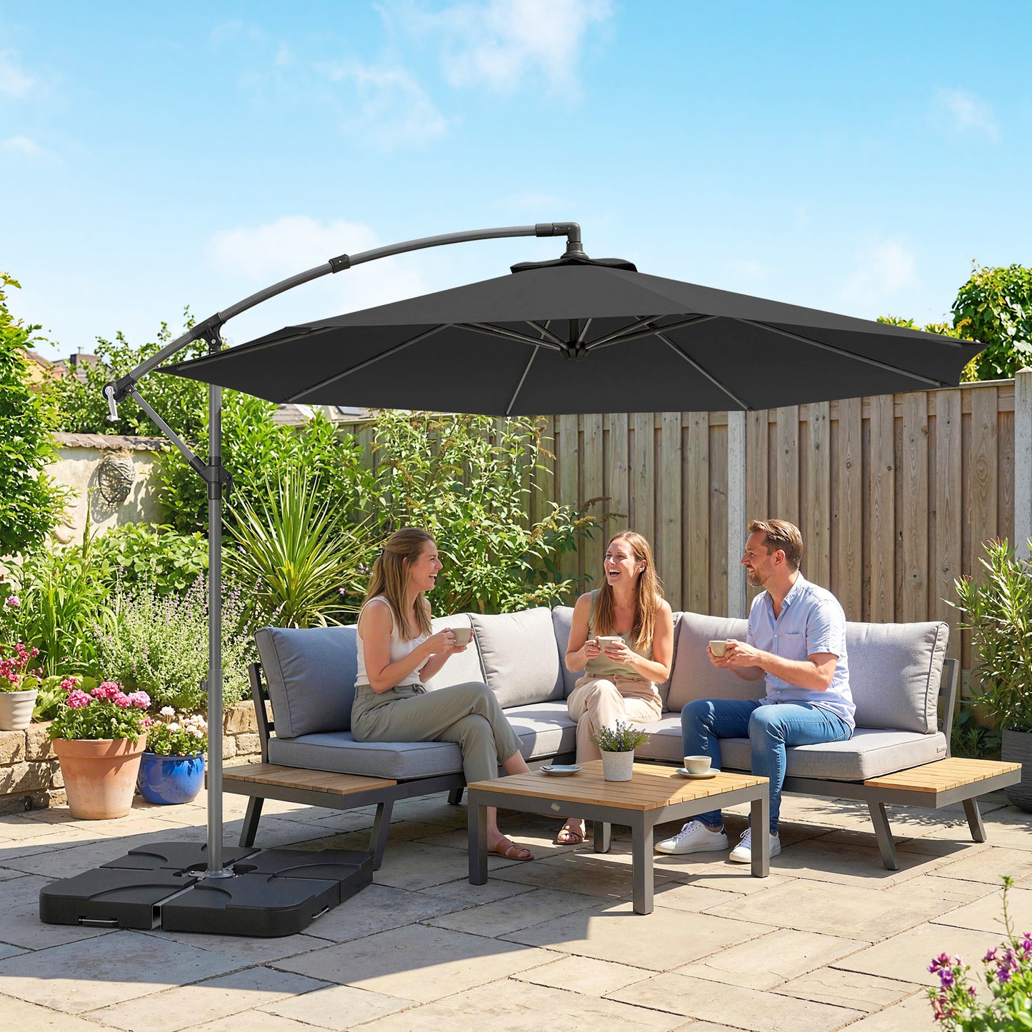 3m Overhanging Parasol, with Base, Weights and Cover - Black