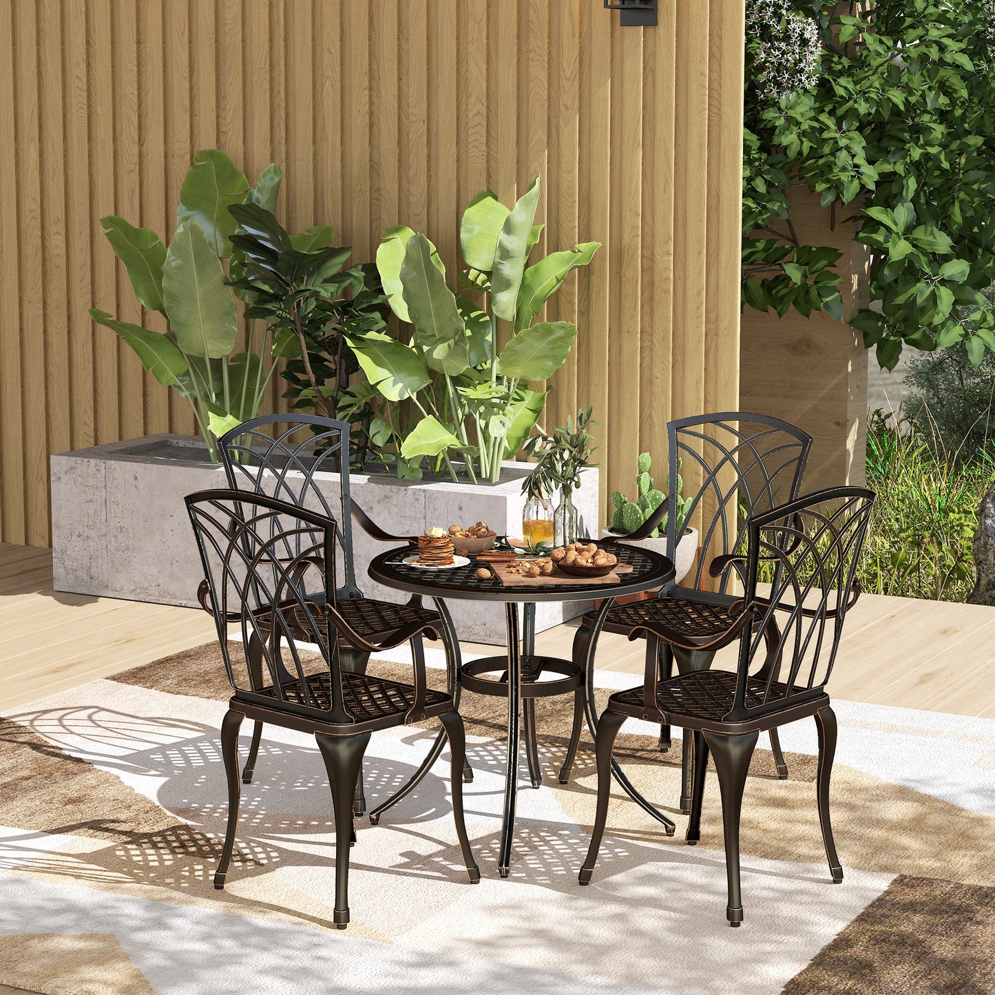 5 Pieces Garden Dining Set for 4, Cast Aluminium Outdoor Dining Set with 4 Armchairs and Round Dining Table with Parasol Hole