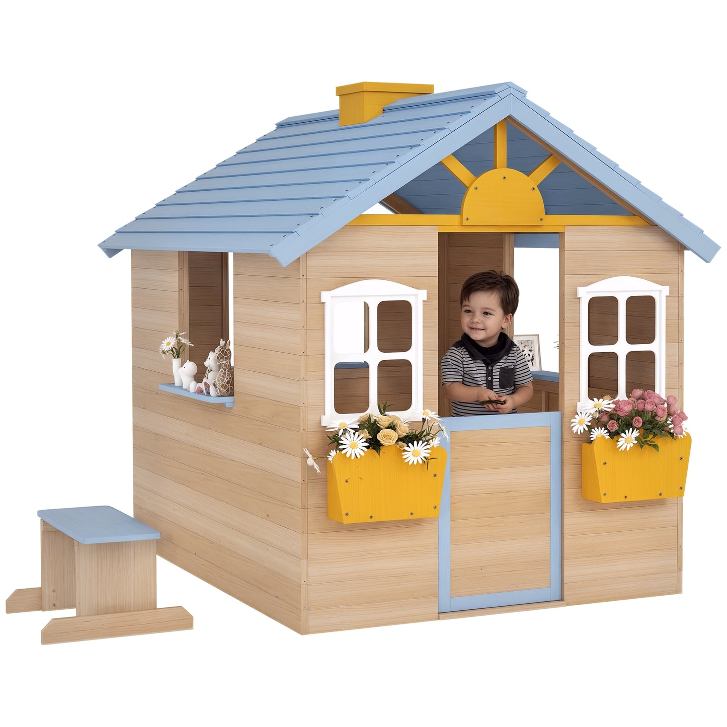 Wooden Playhouse, Wendy House with Door, Bench, Flowerpot Holder, for Ages 3-7 Years, Blue