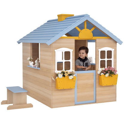 Wooden Playhouse, Wendy House with Door, Bench, Flowerpot Holder, for Ages 3-7 Years, Blue