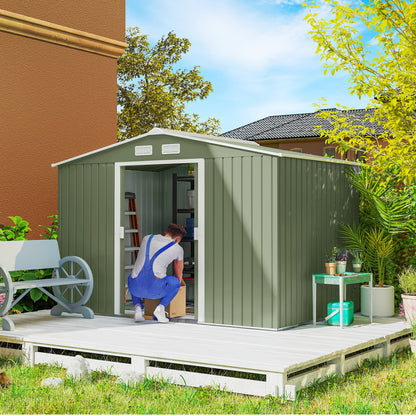 9 x 6ft Metal Garden Shed, Waterproof Outdoor Bike Storage Shed Galvanised with Vents, Foundation Kit