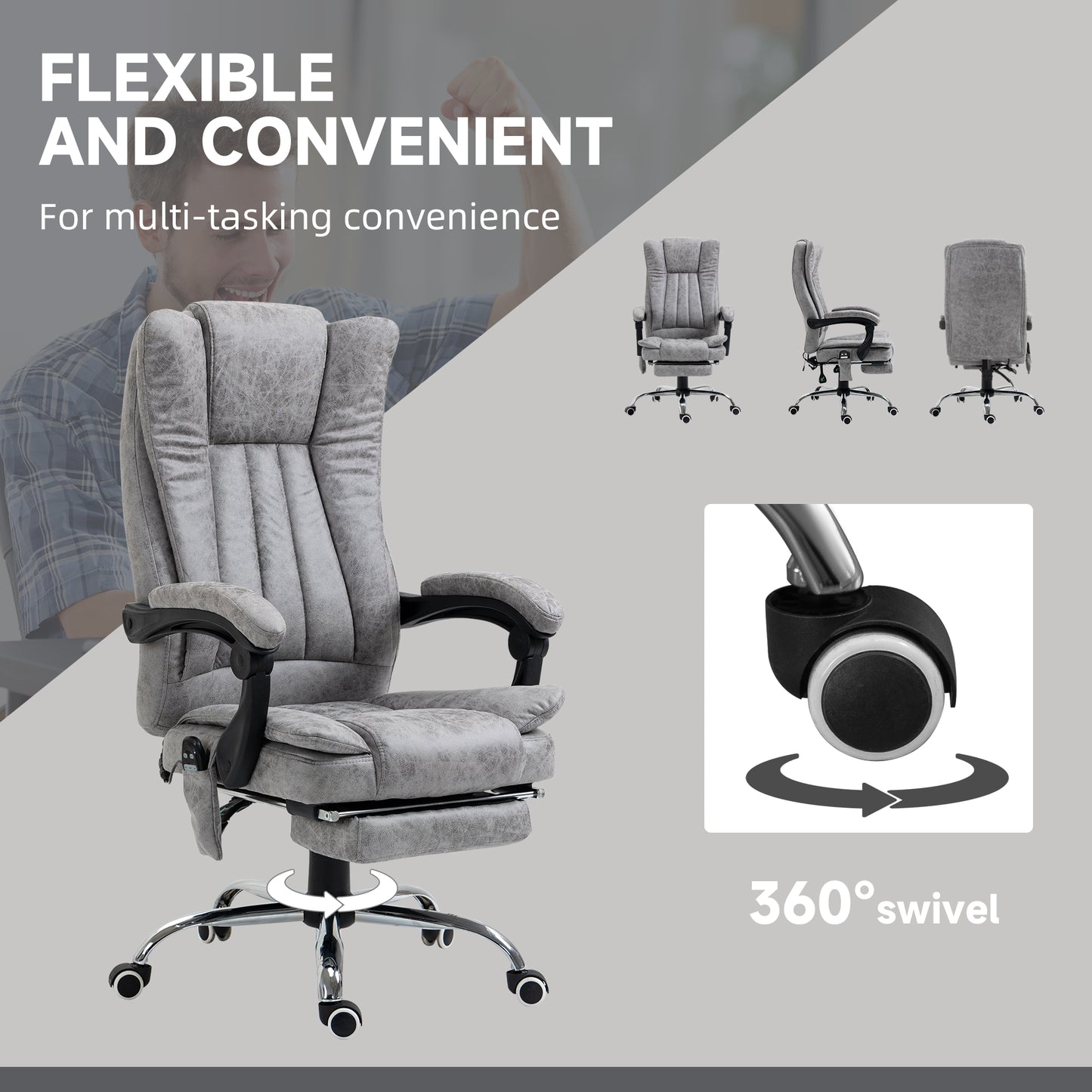 Office Chair with Massage and Heat, Microfibre Reclining Computer Desk Chair with Footrest and Adjustable Height