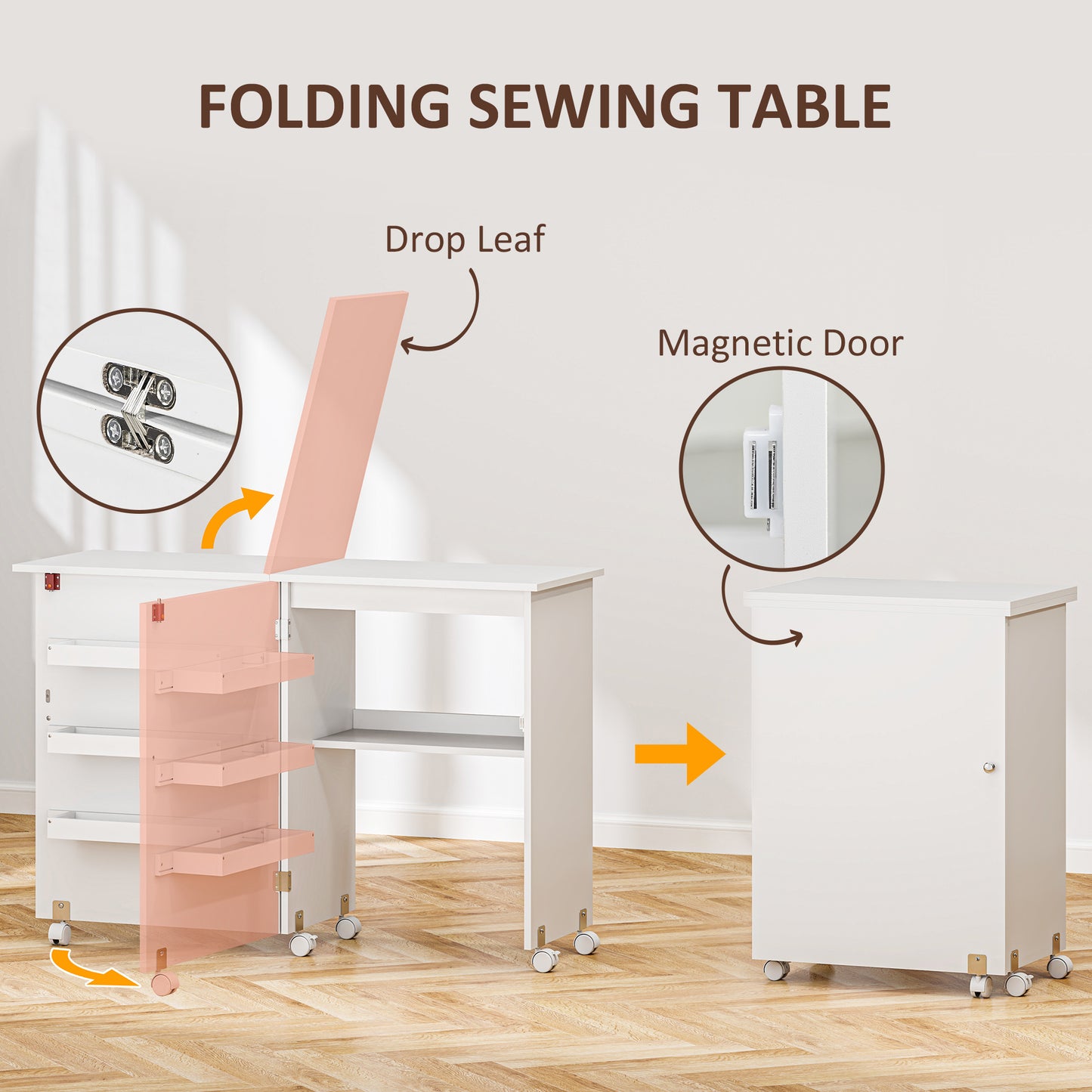 Folding Sewing Table, Drop Leaf Craft Table with Storage Bins, Open Shelf and Wheels