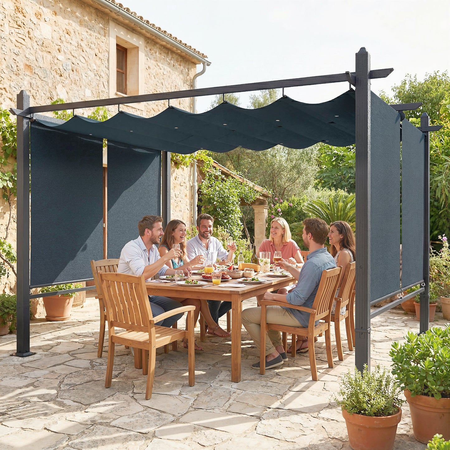 4 x 3 m Garden Pergola with Retractable Roof Canopy and Roll-Up Sides, Outdoor Gazebo Pergola Kit, Dark Grey