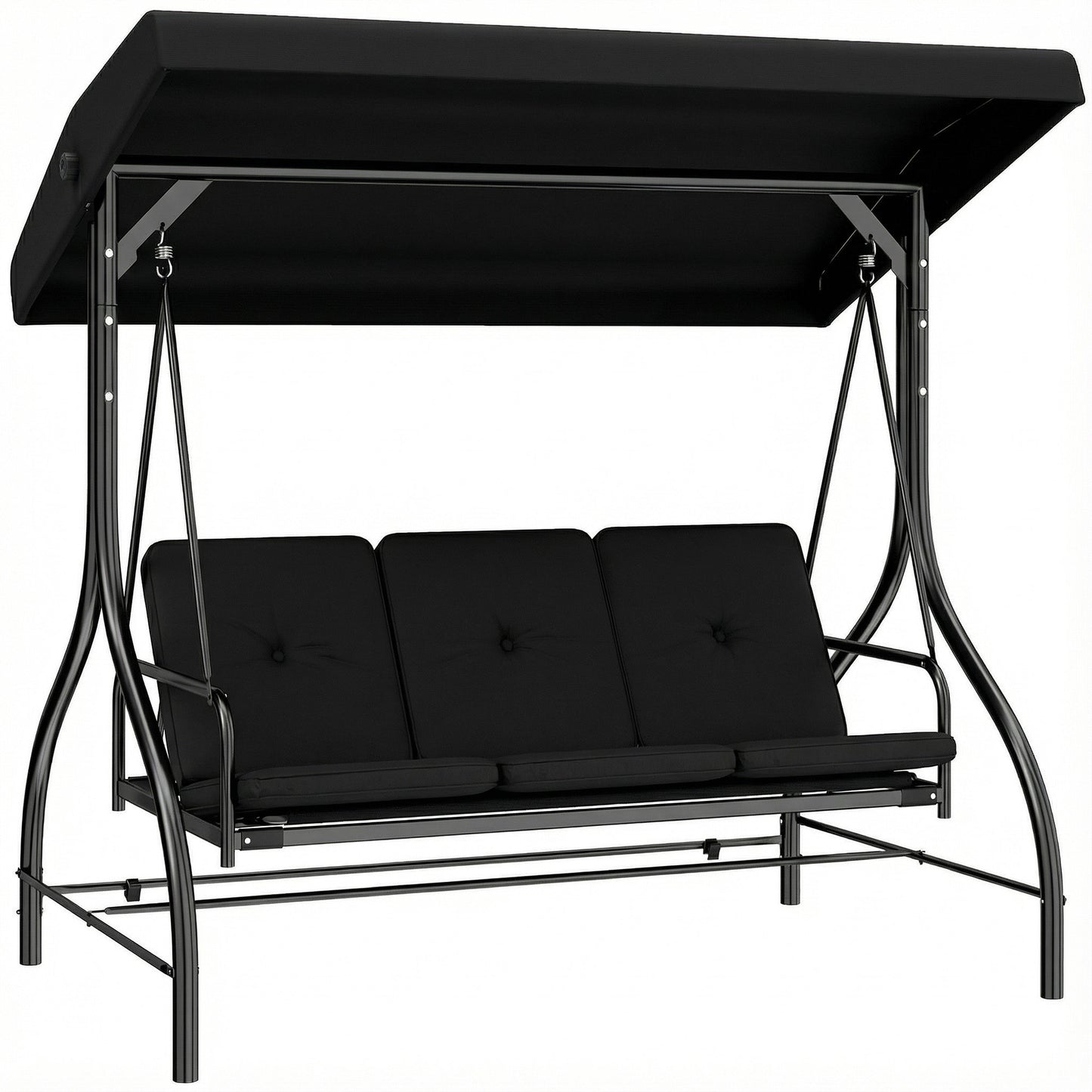 3 Seater Canopy Swing Chair, 2 in 1 Garden Swing Seat Bed, with Adjustable Canopy and Metal Frame, Black