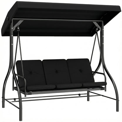 3 Seater Canopy Swing Chair, 2 in 1 Garden Swing Seat Bed, with Adjustable Canopy and Metal Frame, Black