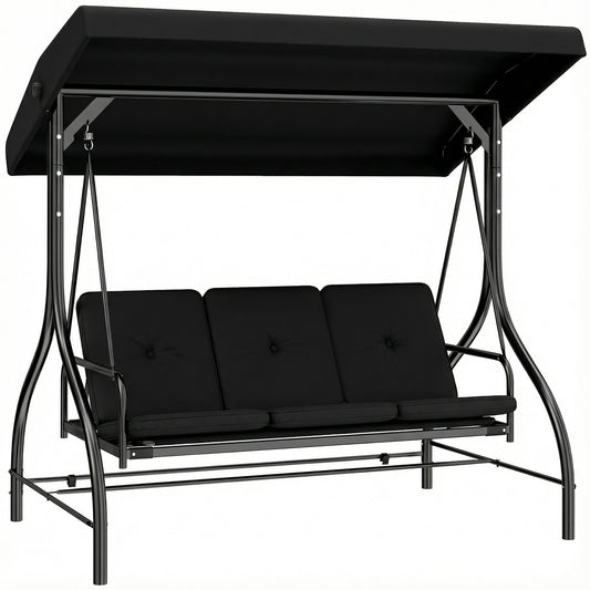 3 Seater Canopy Swing Chair, 2 in 1 Garden Swing Seat Bed, with Adjustable Canopy and Metal Frame, Black