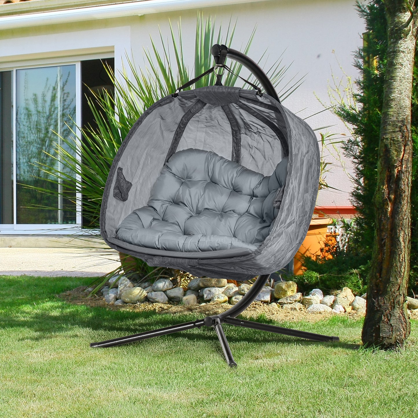 Double Hanging Egg Chair 2 Seaters Texteline Swing Hammock Chair with Folding Design, Grey