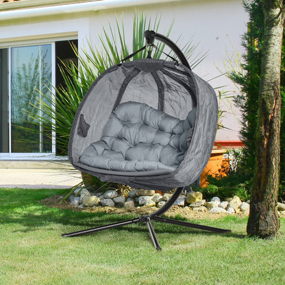 Double Hanging Egg Chair 2 Seaters Texteline Swing Hammock Chair with Folding Design, Grey