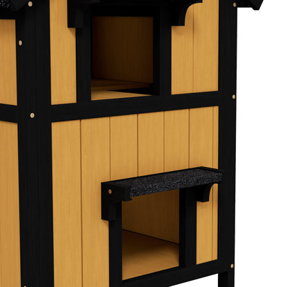 Wooden Cat House with Flower Pot, Windows, Multiple Entrances, Water-Resistant Roof for Outdoor - Yellow