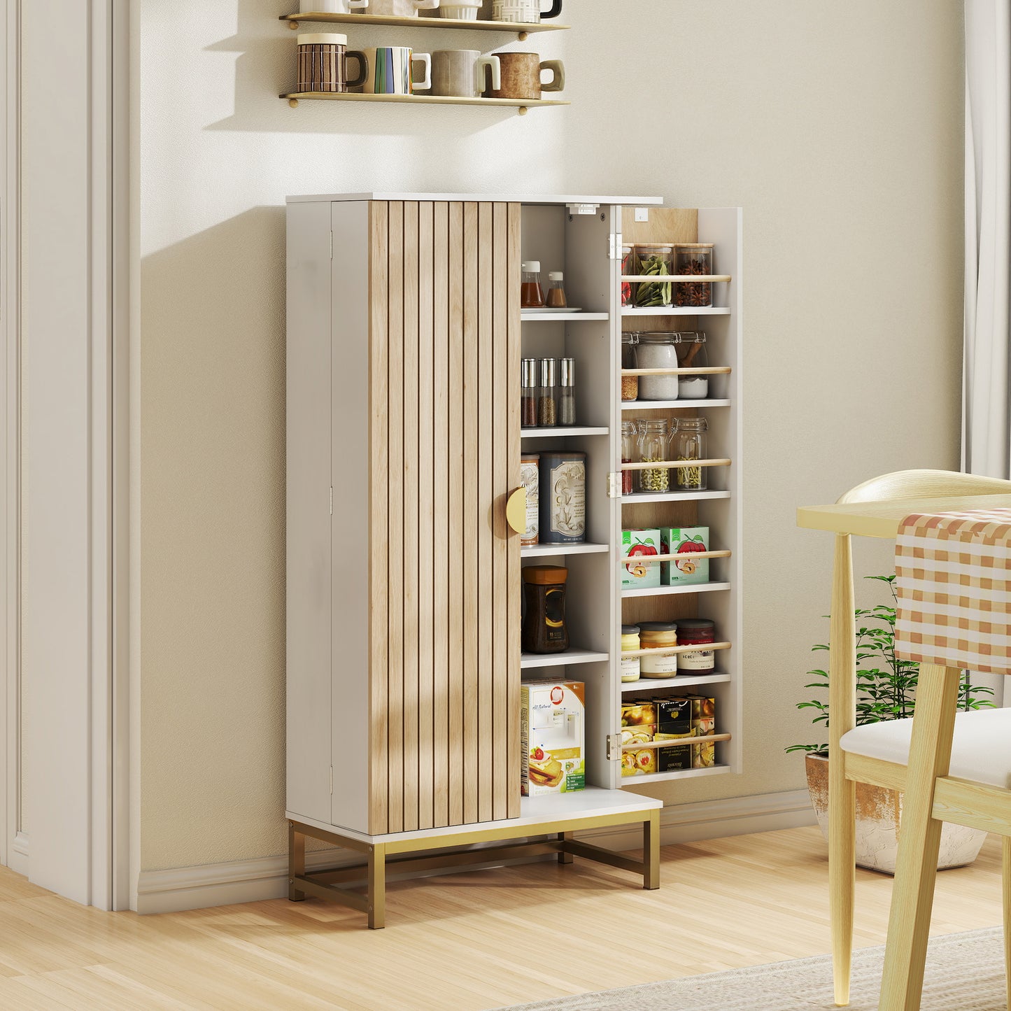 119.5 cm Kitchen Cupboard, Freestanding Kitchen Cabinet with Double Doors, 5 Tiers, 12 Spice Racks, White