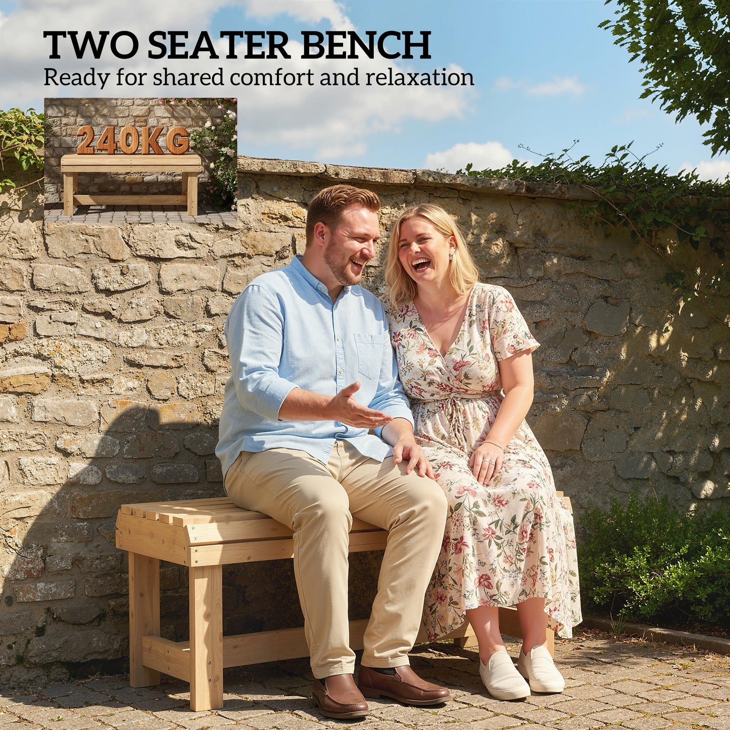 Wooden Outdoor Bench, 2 Seater Garden Bench, Backless Patio Bench with Slatted Curved Seat, Natural Wood Finish