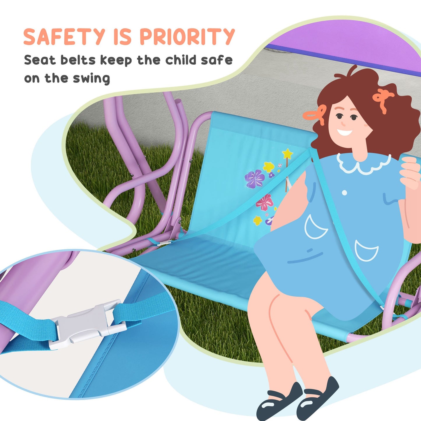 Two Seater Kids Garden Swing, Fairy Themed kids Swing Chair with Adjustable Canopy, Safety Belts for Outdoor Use