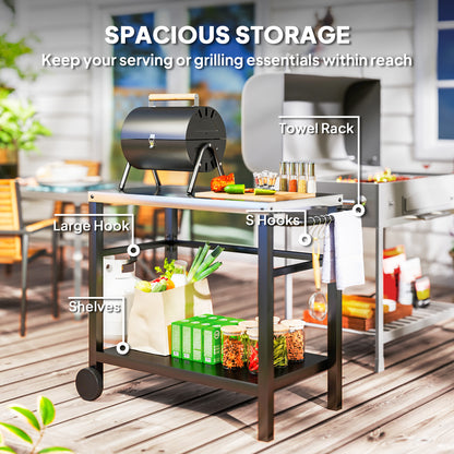 Outdoor Grill Dining Cart 2-Shelf Movable Pizza Oven Table Stand with Stainless Steel Top