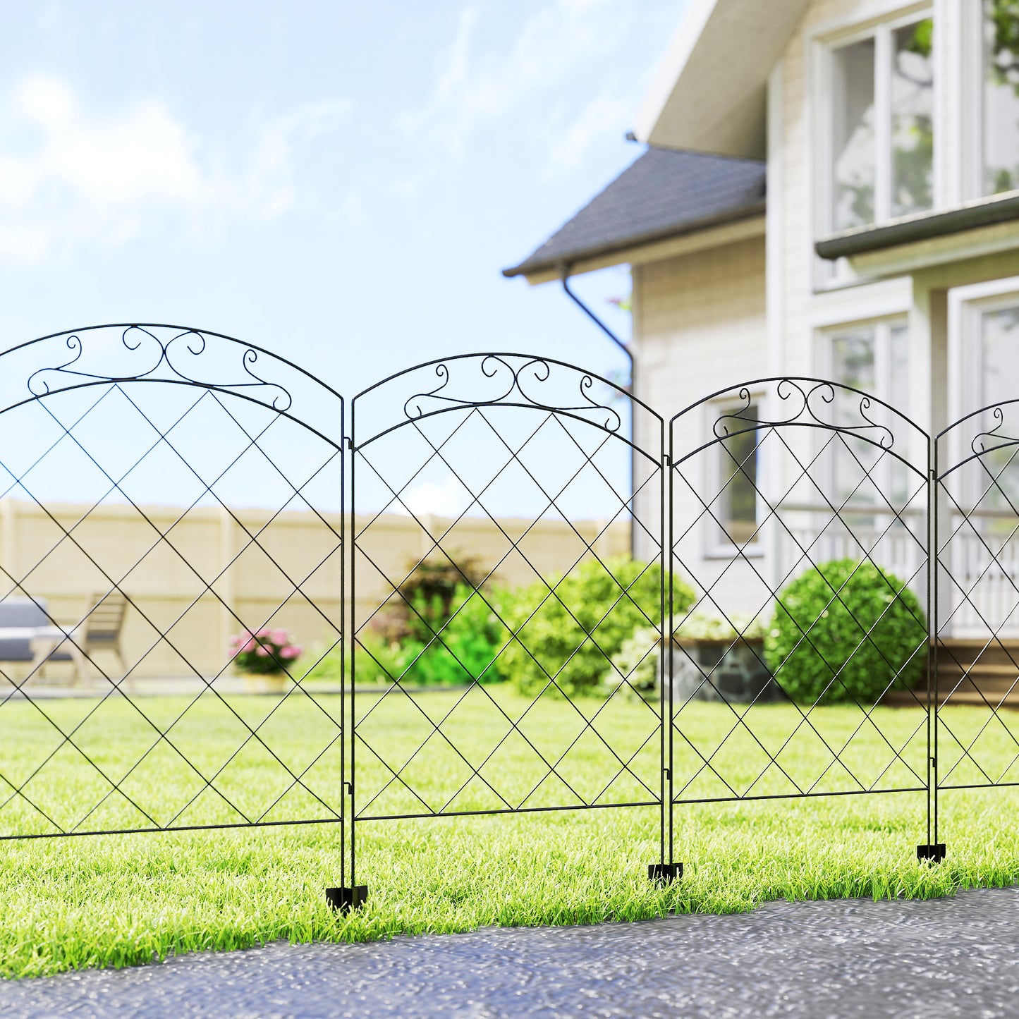 Steel Decorative Swirls Outdoor Picket Fence Panels Set of 4, Black