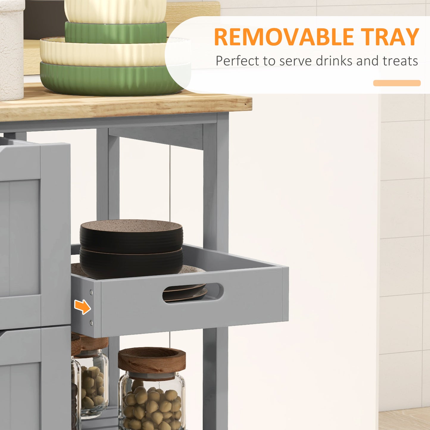 Rolling Kitchen Island Cart, Bar Serving Cart, Compact Trolley on Wheels with Wood Top, Shelves & Drawers, Grey